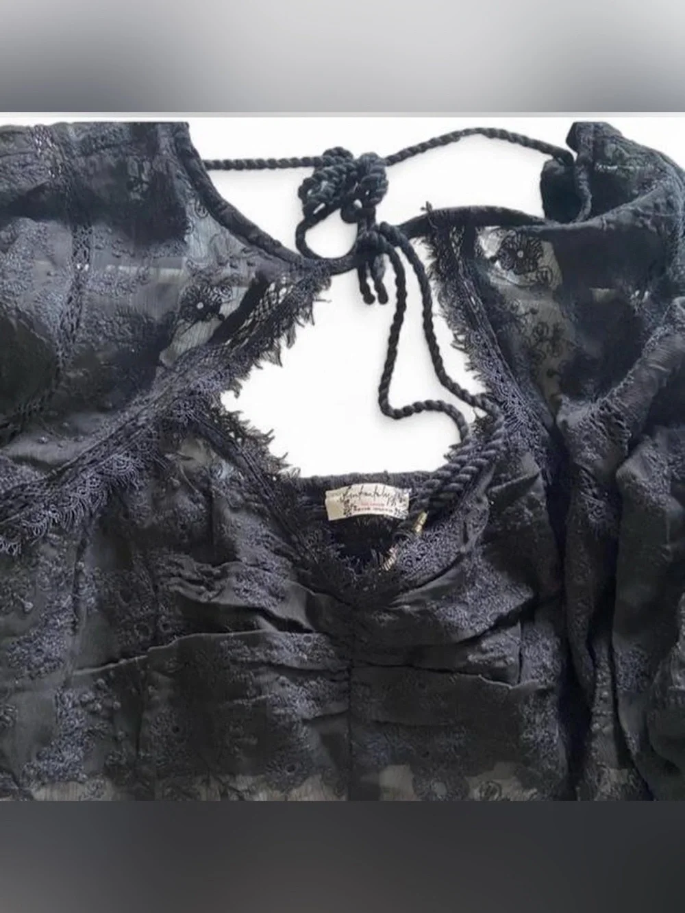 Free People Black Lace Tie-Back Long Sleeve Crop Top